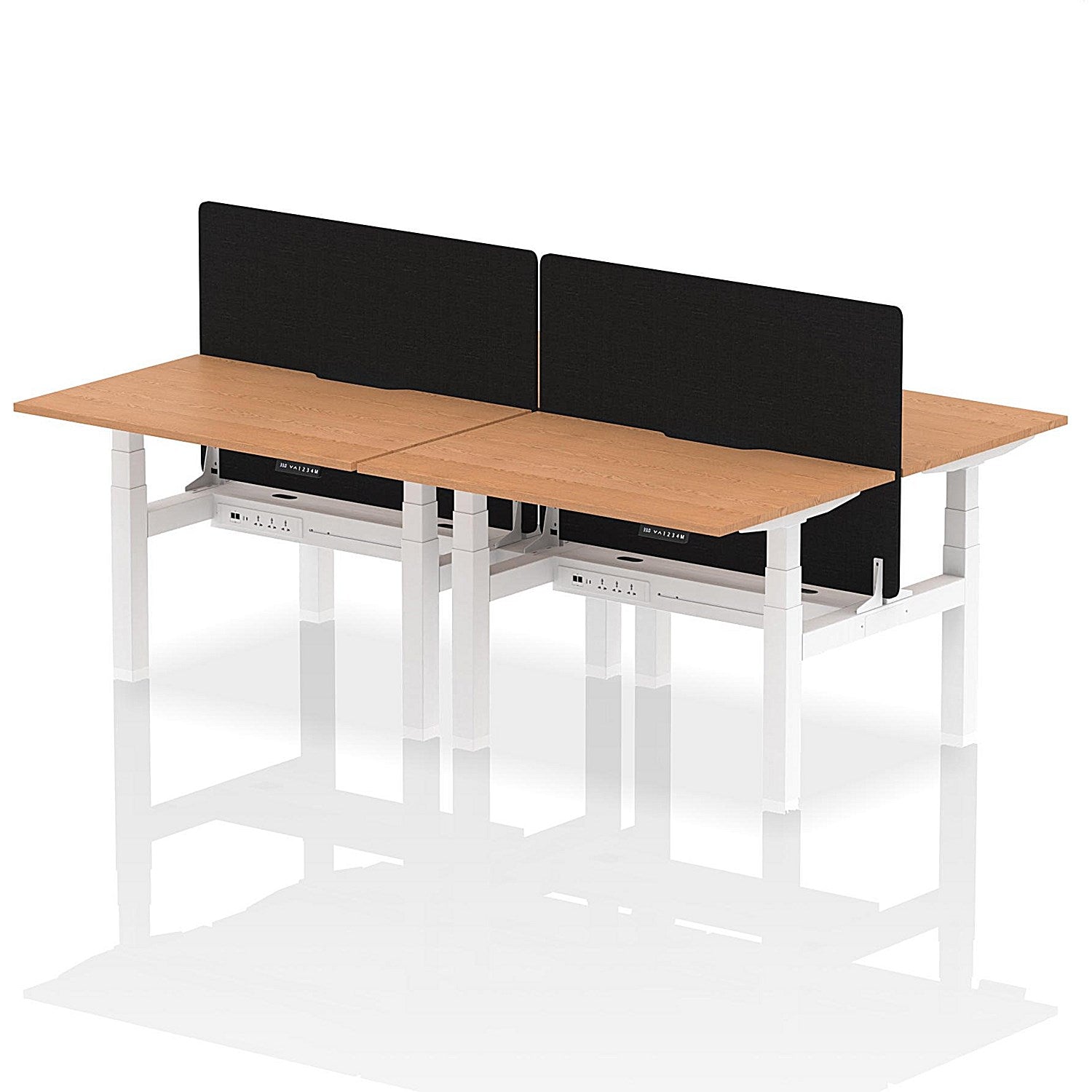 Air 4 Person Sit-Standing Scalloped Bench Desk with Black Straight Screen, Back to Back, 4 x 1200mm (800mm Deep), White Frame, Oak Easy2Order : HA01757