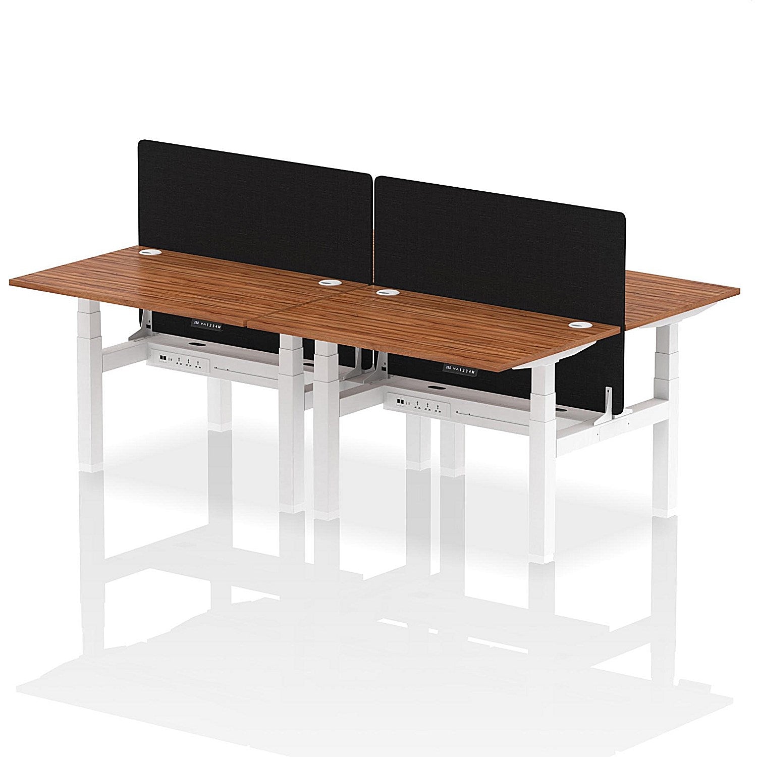 Air 4 Person Sit-Standing Bench Desk with Black Straight Screen, Back to Back, 4 x 1200mm (800mm Deep), White Frame, Walnut Easy2Order : HA01763
