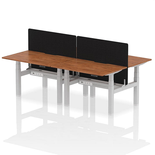 Air 4 Person Sit-Standing Scalloped Bench Desk with Black Straight Screen, Back to Back, 4 x 1200mm (800mm Deep), Silver Frame, Walnut Easy2Order : HA01767