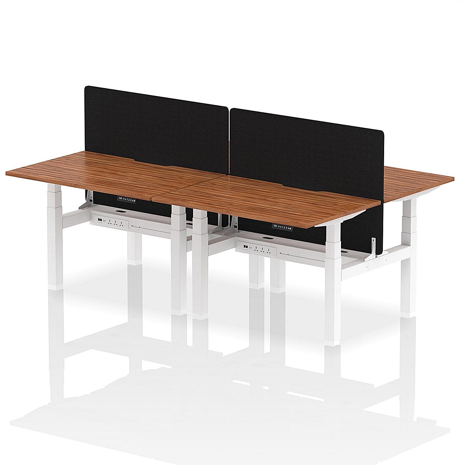 Air 4 Person Sit-Standing Scalloped Bench Desk with Black Straight Screen, Back to Back, 4 x 1200mm (800mm Deep), White Frame, Walnut Easy2Order : HA01769