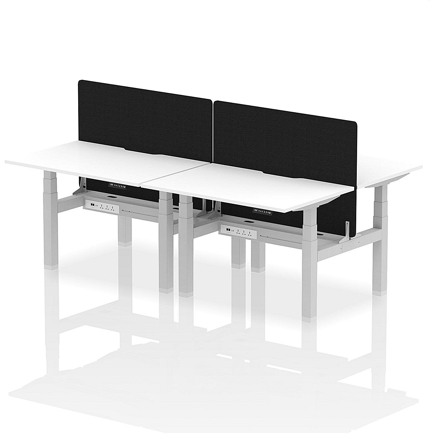Air 4 Person Sit-Standing Scalloped Bench Desk with Black Straight Screen, Back to Back, 4 x 1200mm (800mm Deep), Silver Frame, White Easy2Order : HA01779