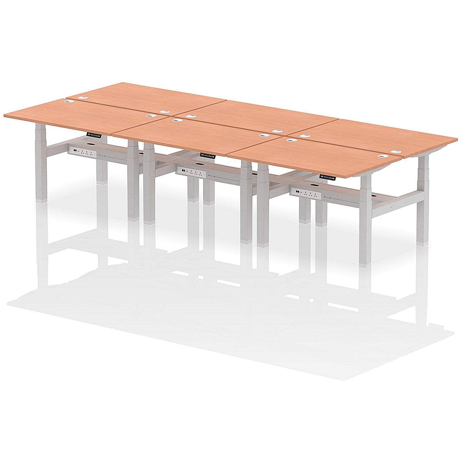 Air 6 Person Sit-Standing Bench Desk, Back to Back, 6 x 1200mm (800mm Deep), Silver Frame, Beech Easy2Order : HA01784