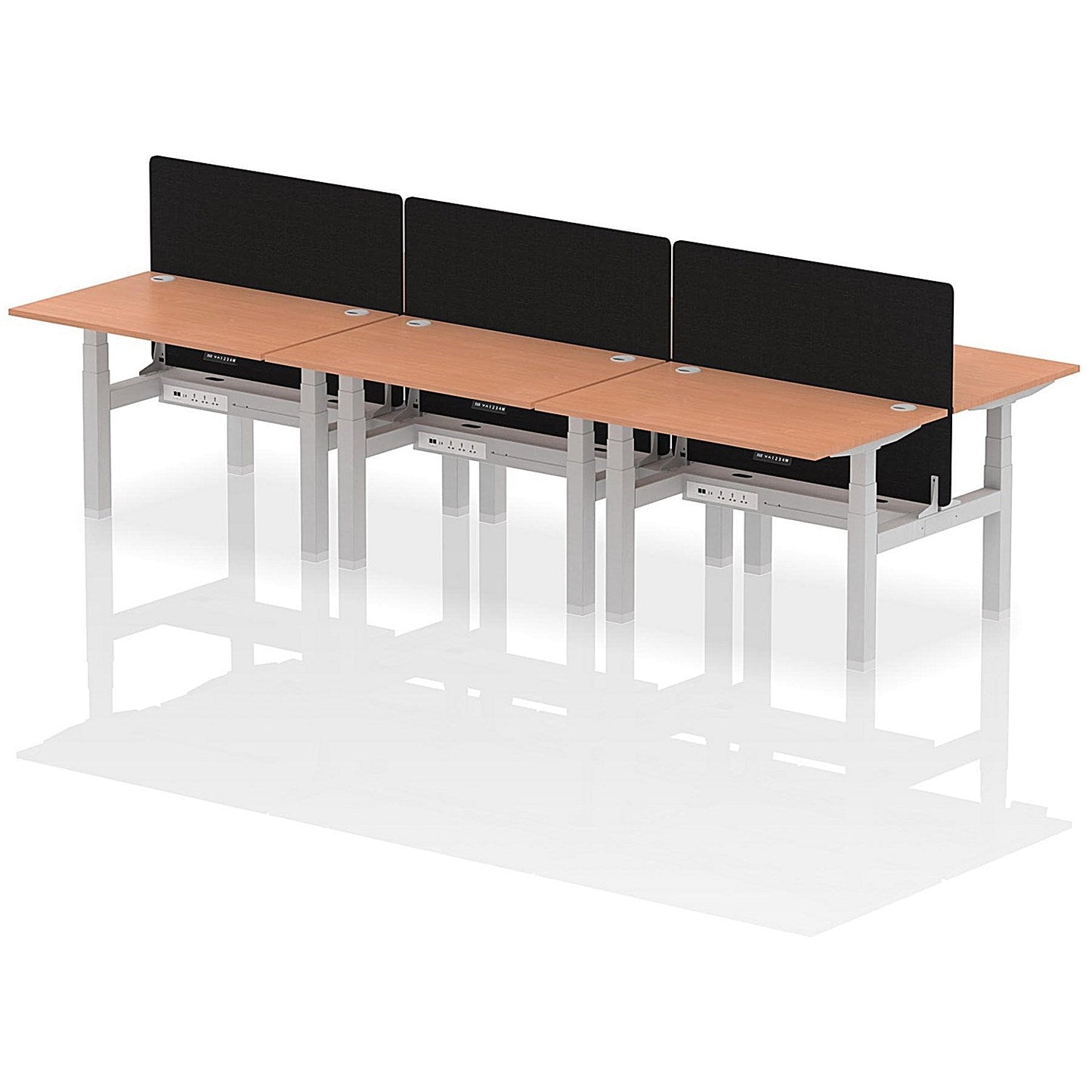 Air 6 Person Sit-Standing Bench Desk with Black Straight Screen, Back to Back, 6 x 1200mm (800mm Deep), Silver Frame, Beech Easy2Order : HA01785