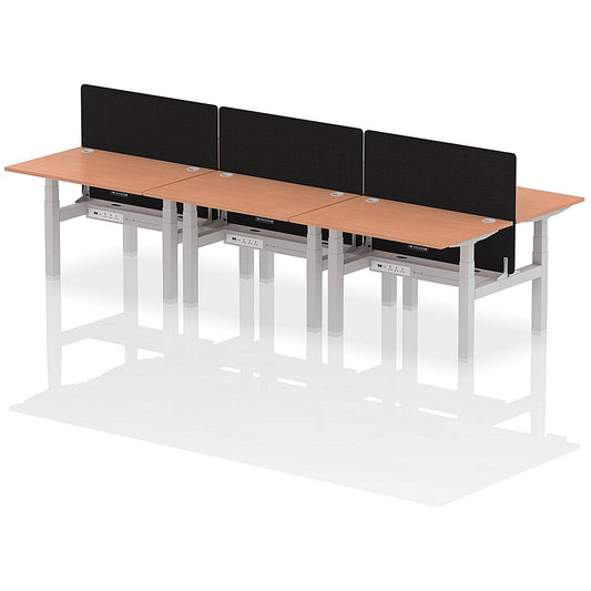 Air 6 Person Sit-Standing Bench Desk with Black Straight Screen, Back to Back, 6 x 1200mm (800mm Deep), Silver Frame, Beech Easy2Order : HA01785