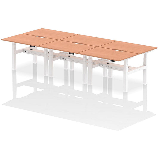 Air 6 Person Sit-Standing Scalloped Bench Desk, Back to Back, 6 x 1200mm (800mm Deep), White Frame, Beech Easy2Order : HA01792