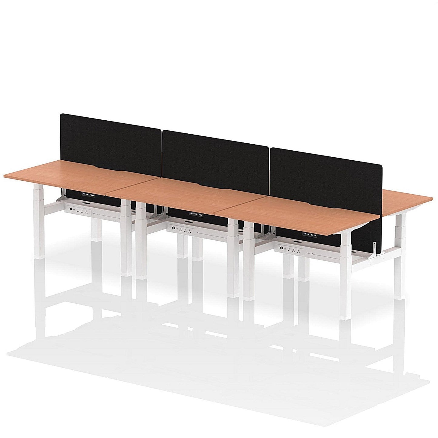 Air 6 Person Sit-Standing Scalloped Bench Desk with Black Straight Screen, Back to Back, 6 x 1200mm (800mm Deep), White Frame, Beech Easy2Order : HA01793