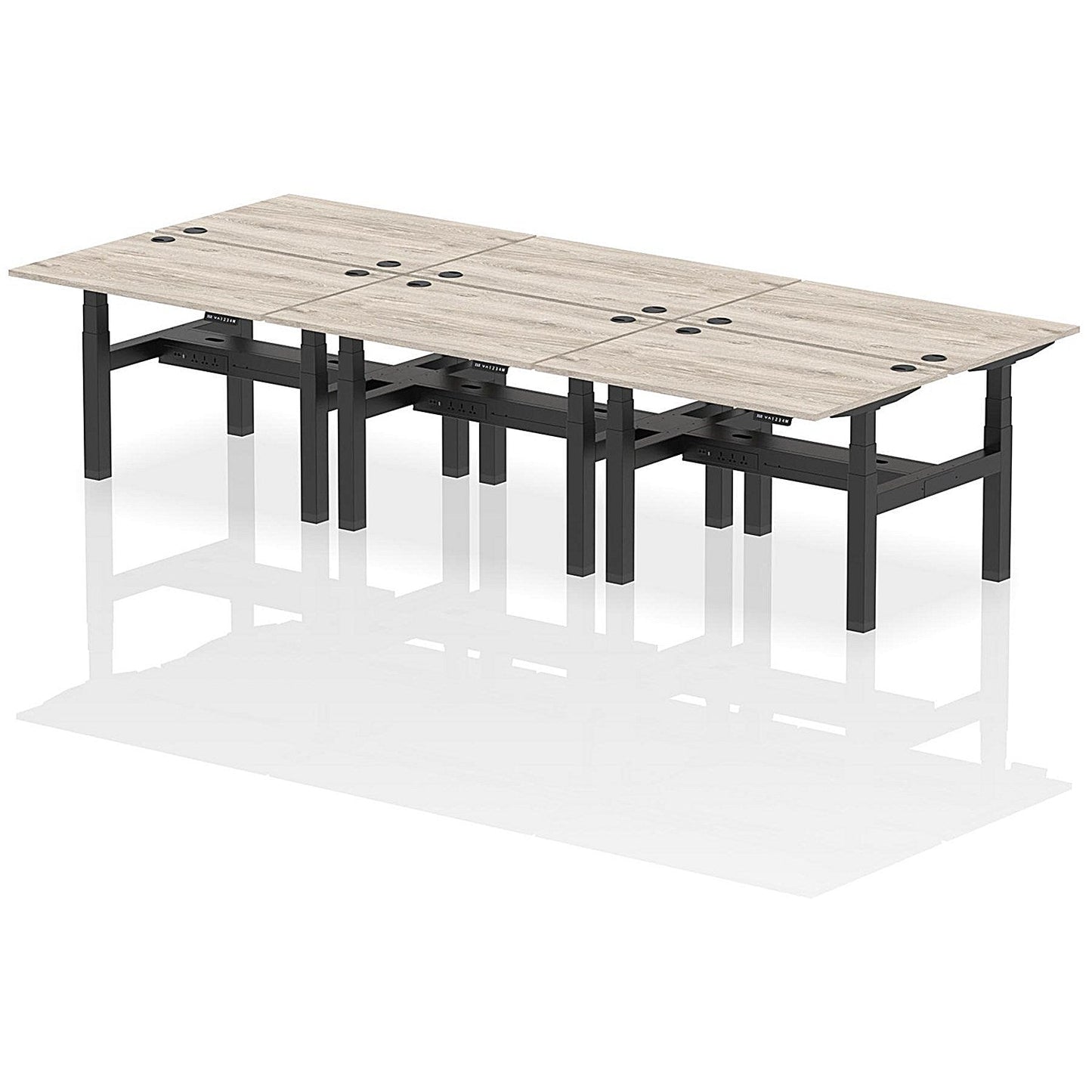 Air 6 Person Sit-Standing Bench Desk, Back to Back, 6 x 1200mm (800mm Deep), Black Frame, Grey Oak Easy2Order : HA01794