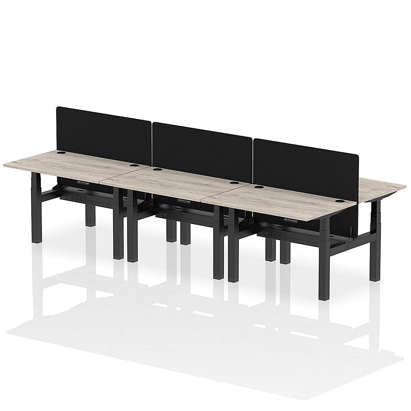 Air 6 Person Sit-Standing Bench Desk with Black Straight Screen, Back to Back, 6 x 1200mm (800mm Deep), Black Frame, Grey Oak Easy2Order : HA01795
