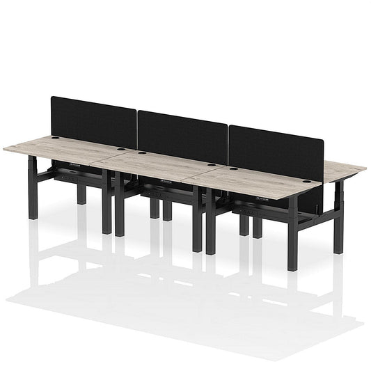 Air 6 Person Sit-Standing Bench Desk with Black Straight Screen, Back to Back, 6 x 1200mm (800mm Deep), Black Frame, Grey Oak Easy2Order : HA01795
