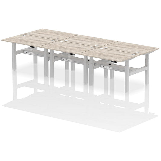 Air 6 Person Sit-Standing Bench Desk, Back to Back, 6 x 1200mm (800mm Deep), Silver Frame, Grey Oak Easy2Order : HA01796