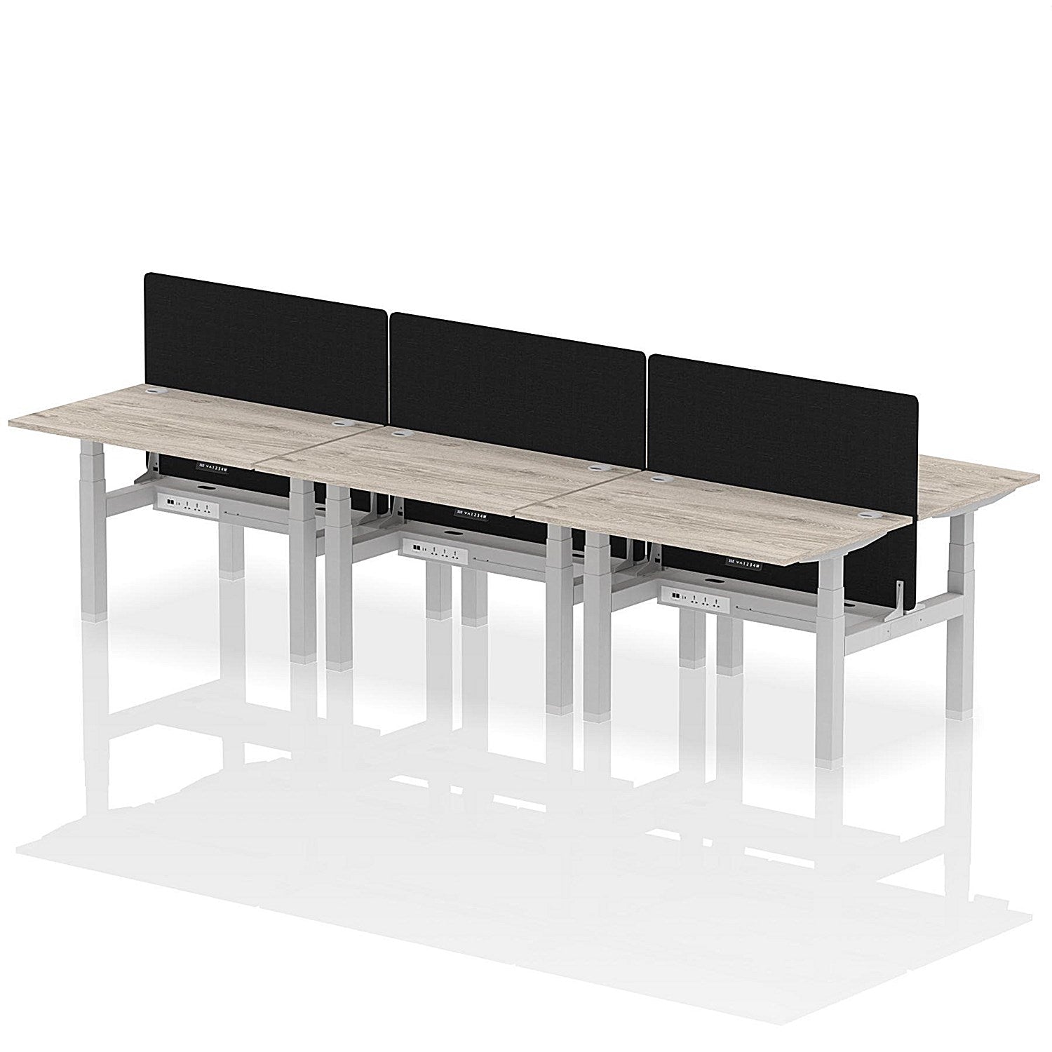 Air 6 Person Sit-Standing Bench Desk with Black Straight Screen, Back to Back, 6 x 1200mm (800mm Deep), Silver Frame, Grey Oak Easy2Order : HA01797