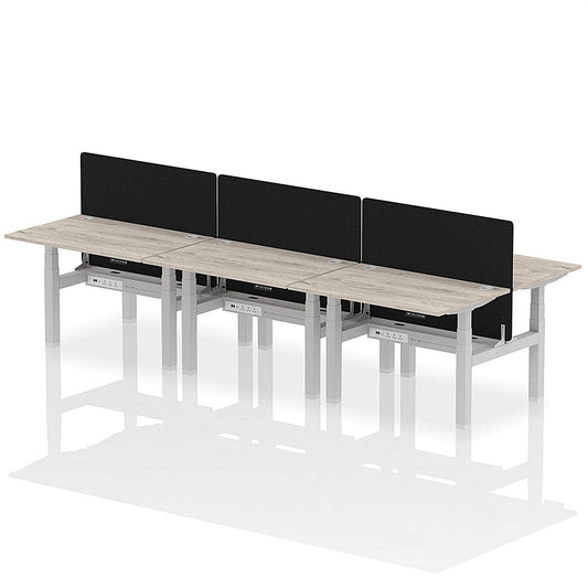 Air 6 Person Sit-Standing Bench Desk with Black Straight Screen, Back to Back, 6 x 1200mm (800mm Deep), Silver Frame, Grey Oak Easy2Order : HA01797