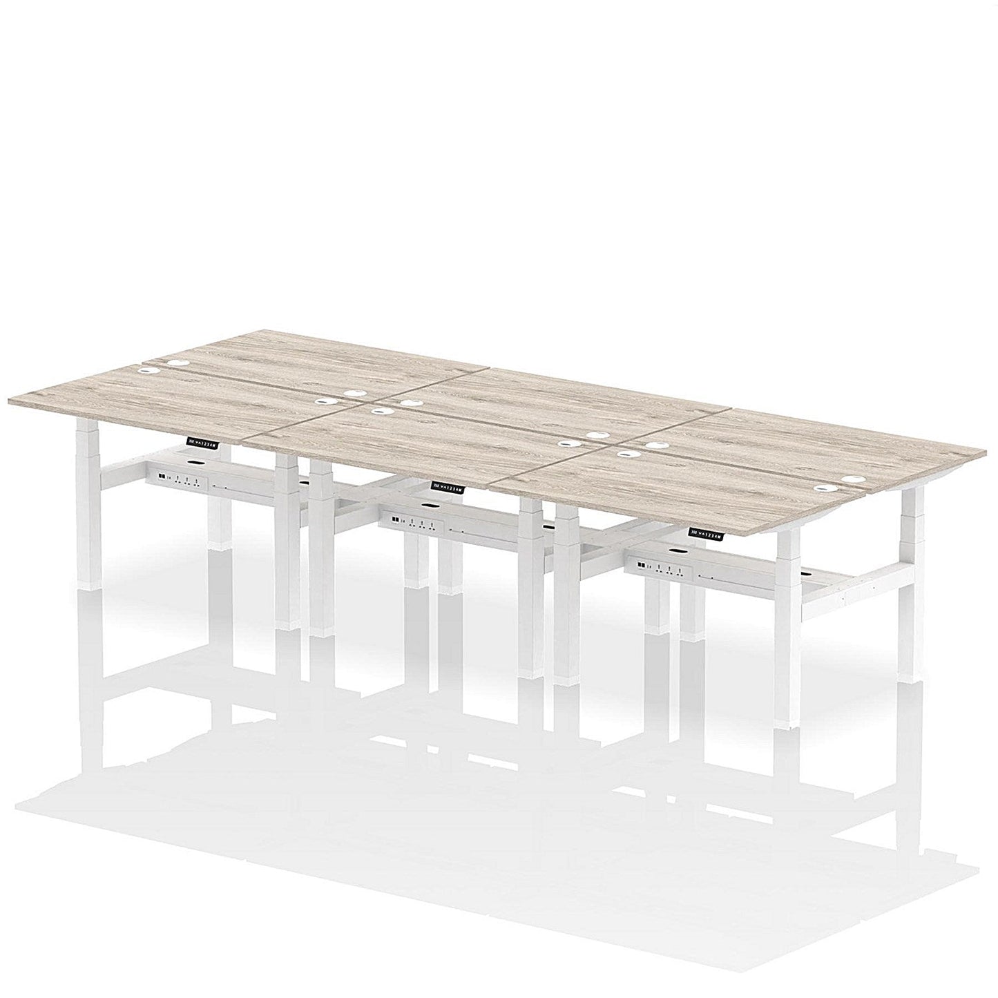 Air 6 Person Sit-Standing Bench Desk, Back to Back, 6 x 1200mm (800mm Deep), White Frame, Grey Oak Easy2Order : HA01798