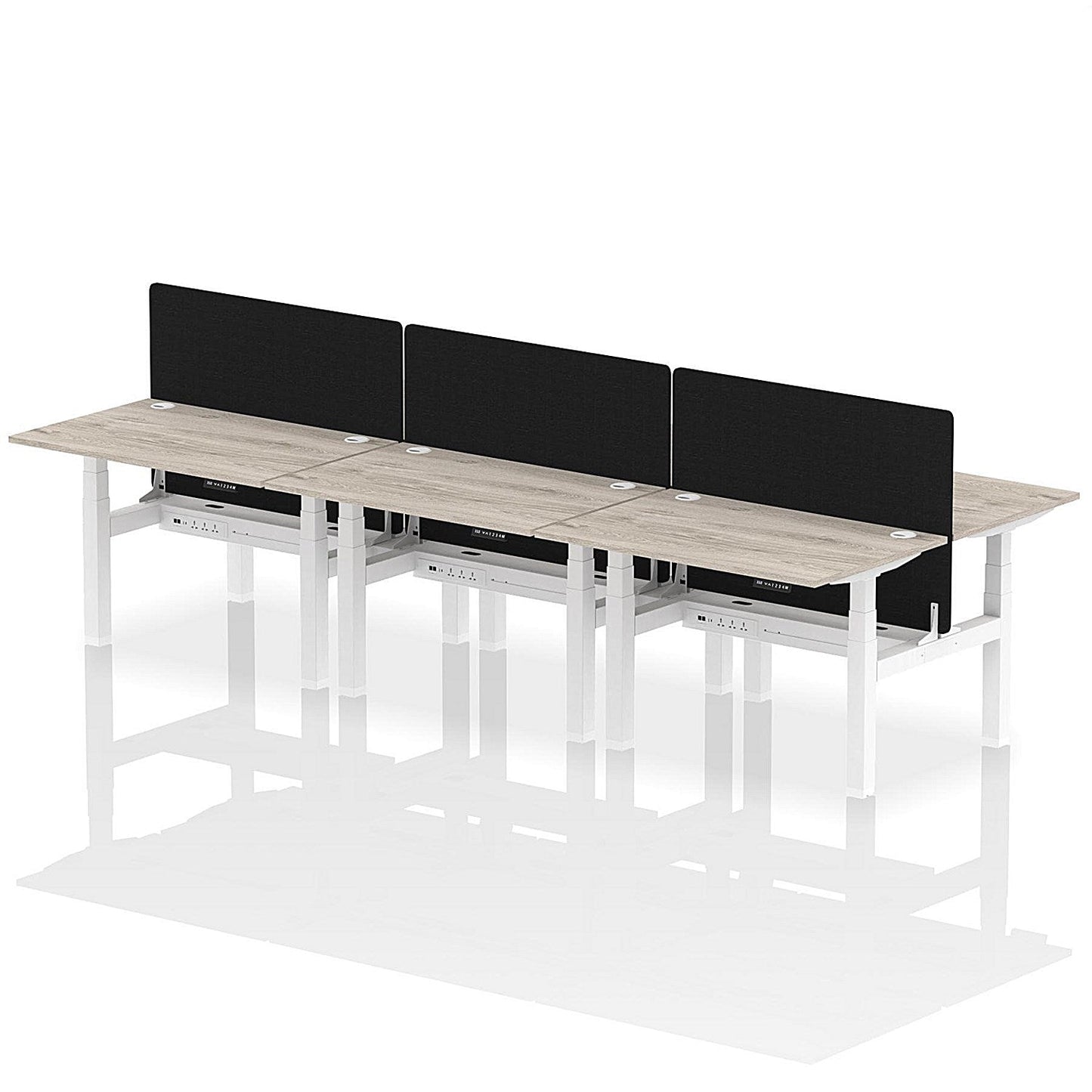 Air 6 Person Sit-Standing Bench Desk with Black Straight Screen, Back to Back, 6 x 1200mm (800mm Deep), White Frame, Grey Oak Easy2Order : HA01799