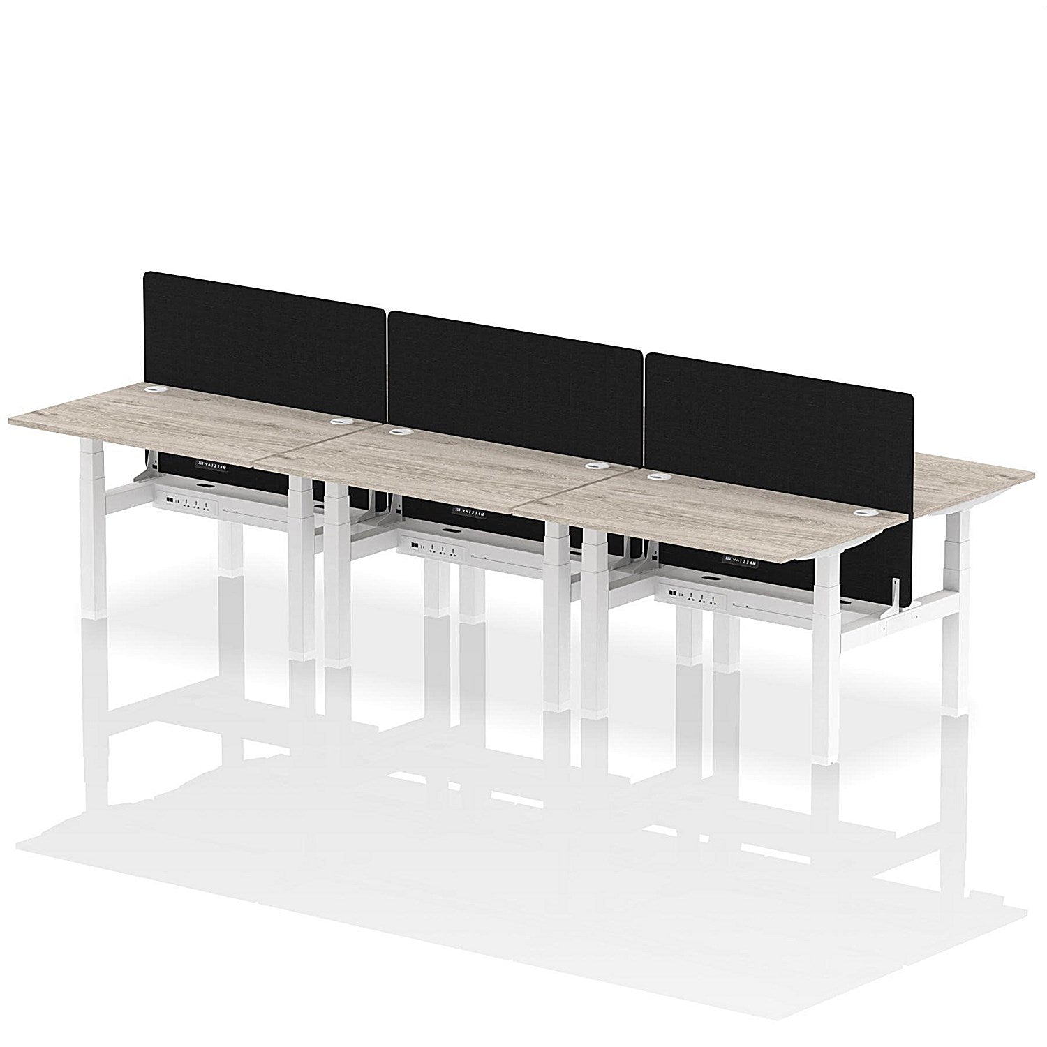 Air 6 Person Sit-Standing Bench Desk with Black Straight Screen, Back to Back, 6 x 1200mm (800mm Deep), White Frame, Grey Oak Easy2Order : HA01799