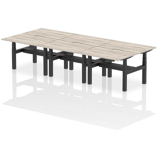 Air 6 Person Sit-Standing Scalloped Bench Desk, Back to Back, 6 x 1200mm (800mm Deep), Black Frame, Grey Oak Easy2Order : HA01800