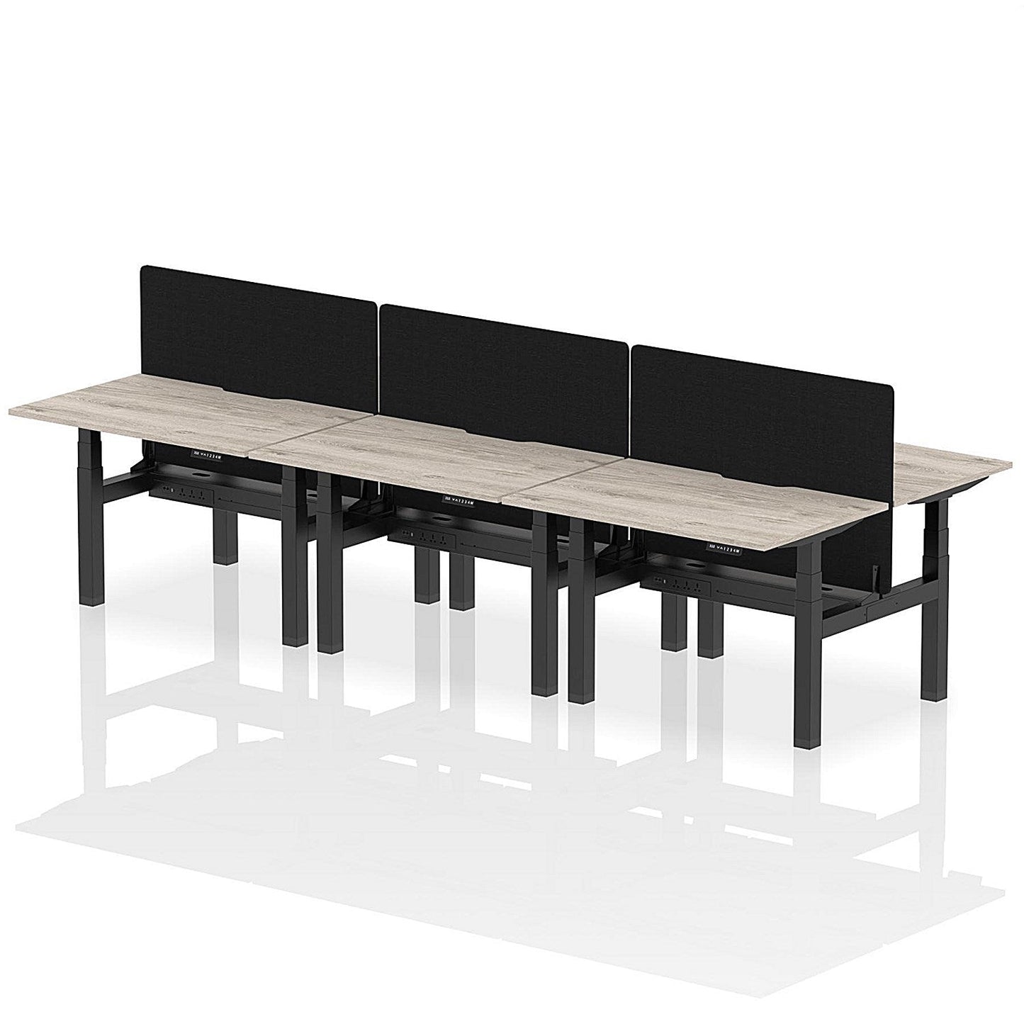 Air 6 Person Sit-Standing Scalloped Bench Desk with Black Straight Screen, Back to Back, 6 x 1200mm (800mm Deep), Black Frame, Grey Oak Easy2Order : HA01801