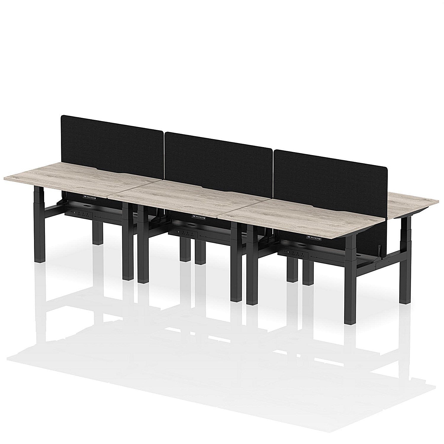 Air 6 Person Sit-Standing Scalloped Bench Desk with Black Straight Screen, Back to Back, 6 x 1200mm (800mm Deep), Black Frame, Grey Oak Easy2Order : HA01801