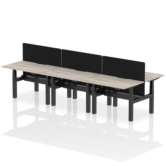 Air 6 Person Sit-Standing Scalloped Bench Desk with Black Straight Screen, Back to Back, 6 x 1200mm (800mm Deep), Black Frame, Grey Oak Easy2Order : HA01801