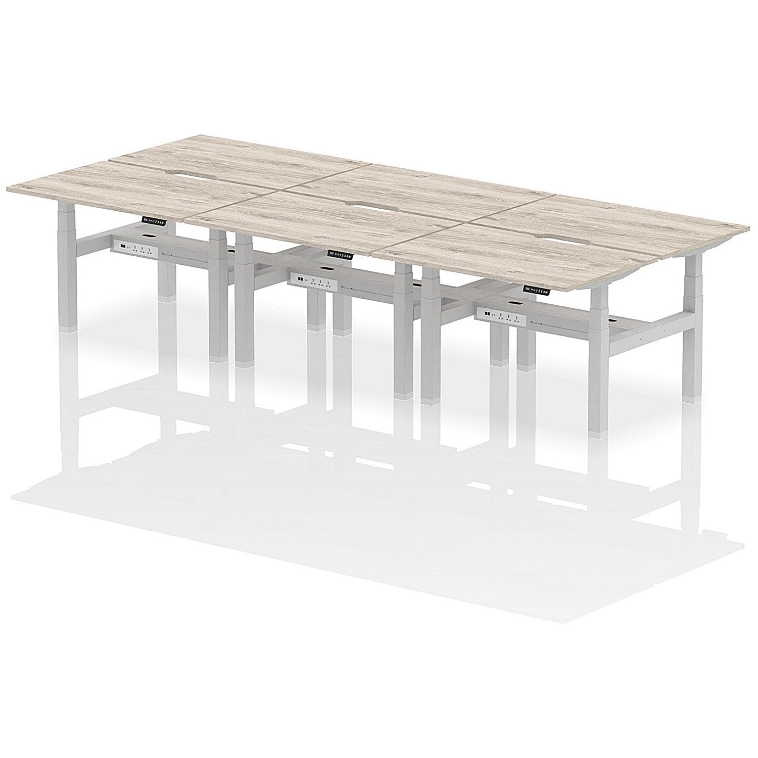 Air 6 Person Sit-Standing Scalloped Bench Desk, Back to Back, 6 x 1200mm (800mm Deep), Silver Frame, Grey Oak Easy2Order : HA01802