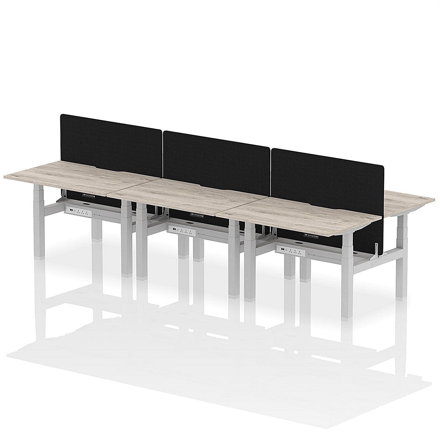 Air 6 Person Sit-Standing Scalloped Bench Desk with Black Straight Screen, Back to Back, 6 x 1200mm (800mm Deep), Silver Frame, Grey Oak Easy2Order : HA01803