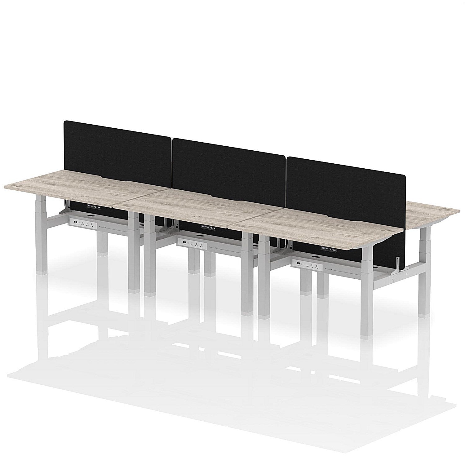 Air 6 Person Sit-Standing Scalloped Bench Desk with Black Straight Screen, Back to Back, 6 x 1200mm (800mm Deep), Silver Frame, Grey Oak Easy2Order : HA01803