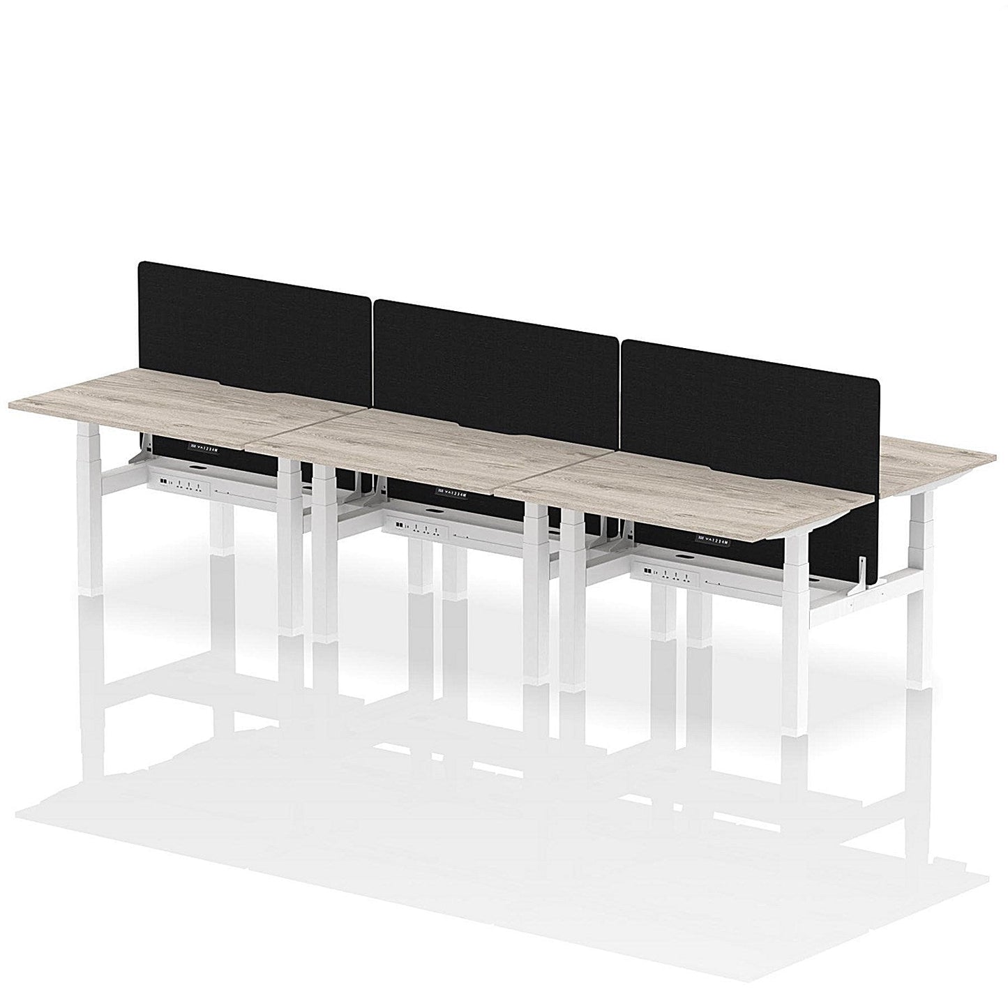 Air 6 Person Sit-Standing Scalloped Bench Desk with Black Straight Screen, Back to Back, 6 x 1200mm (800mm Deep), White Frame, Grey Oak Easy2Order : HA01805
