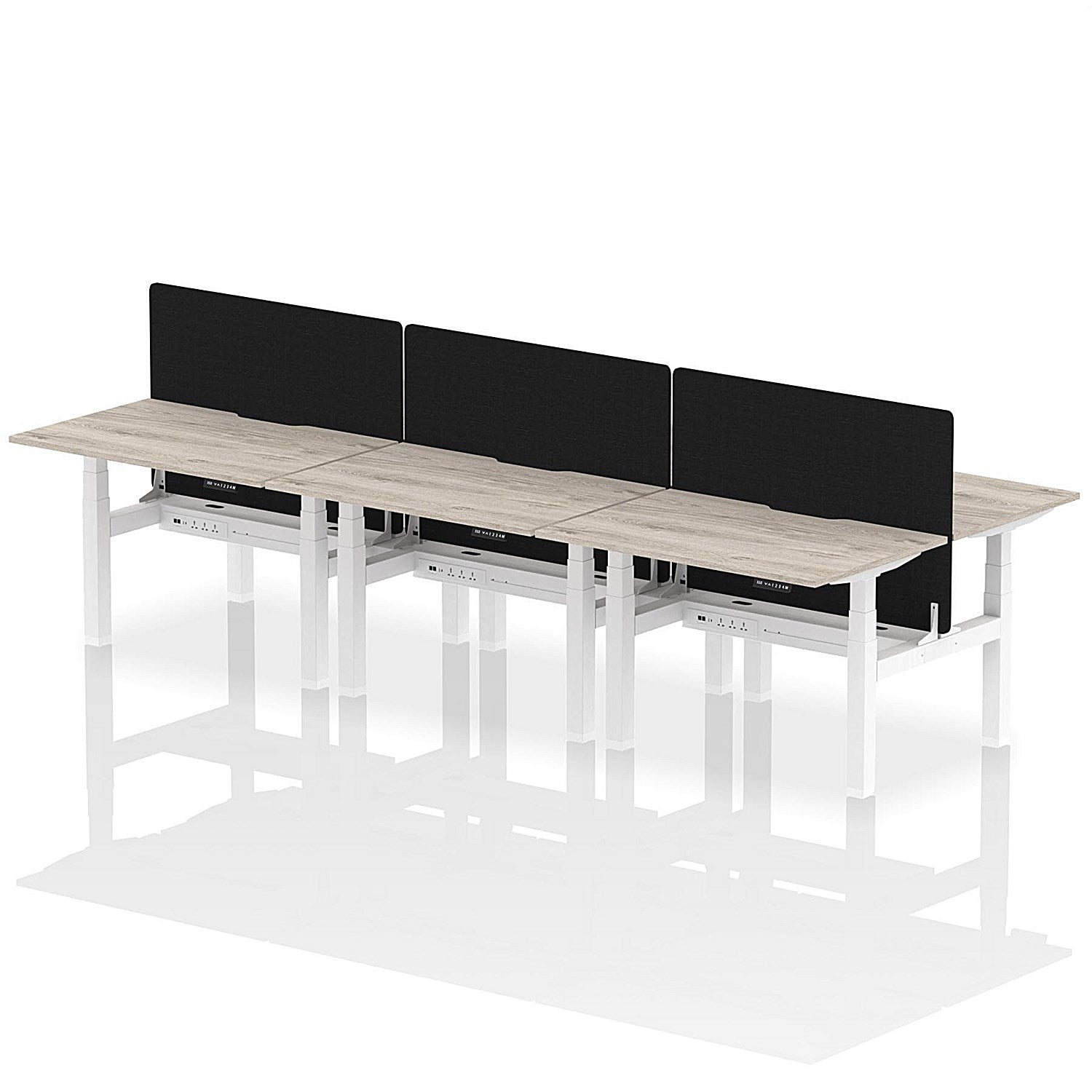 Air 6 Person Sit-Standing Scalloped Bench Desk with Black Straight Screen, Back to Back, 6 x 1200mm (800mm Deep), White Frame, Grey Oak Easy2Order : HA01805