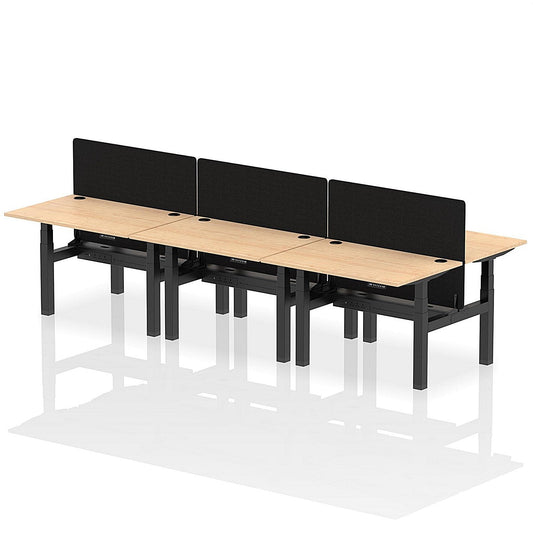 Air 6 Person Sit-Standing Bench Desk with Black Straight Screen, Back to Back, 6 x 1200mm (800mm Deep), Black Frame, Maple Easy2Order : HA01807