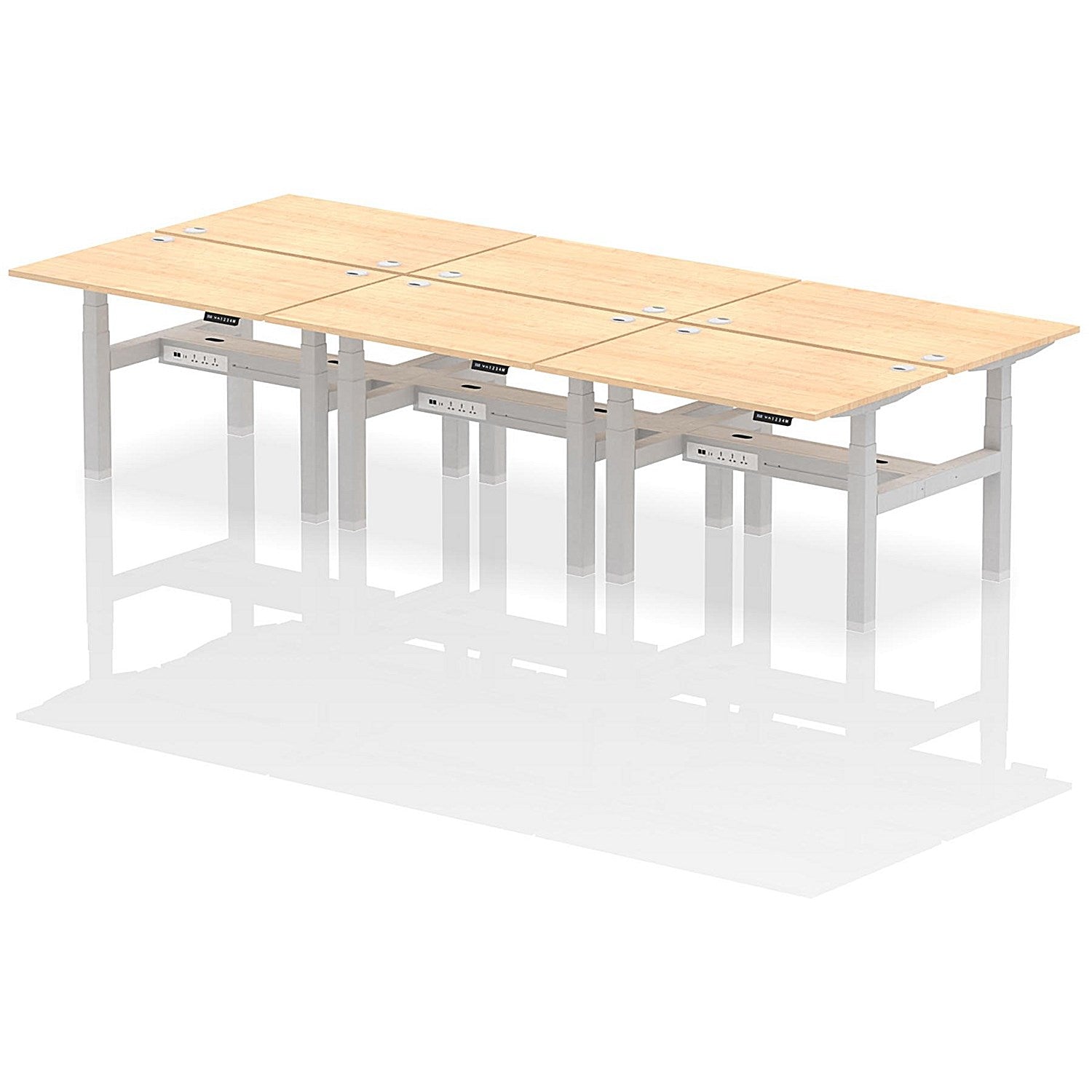 Air 6 Person Sit-Standing Bench Desk, Back to Back, 6 x 1200mm (800mm Deep), Silver Frame, Maple Easy2Order : HA01808