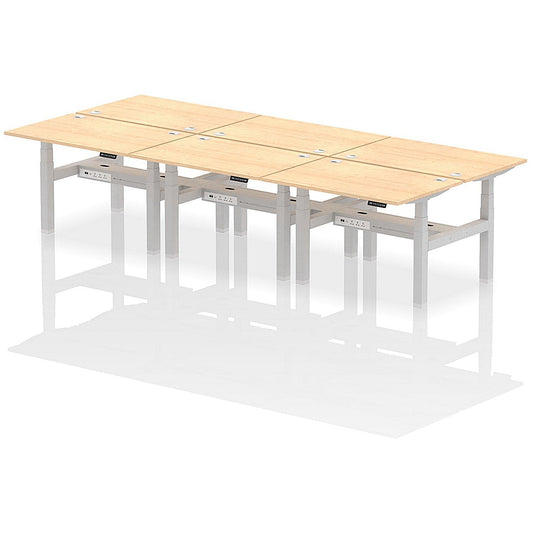 Air 6 Person Sit-Standing Bench Desk, Back to Back, 6 x 1200mm (800mm Deep), Silver Frame, Maple Easy2Order : HA01808