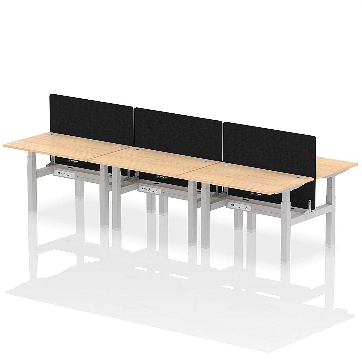 Air 6 Person Sit-Standing Bench Desk with Black Straight Screen, Back to Back, 6 x 1200mm (800mm Deep), Silver Frame, Maple Easy2Order : HA01809