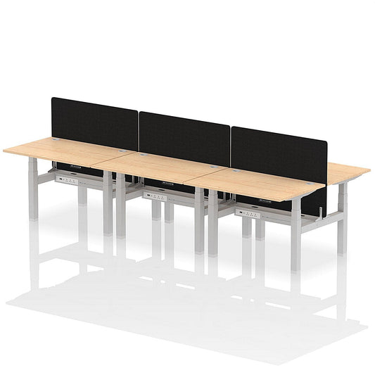 Air 6 Person Sit-Standing Bench Desk with Black Straight Screen, Back to Back, 6 x 1200mm (800mm Deep), Silver Frame, Maple Easy2Order : HA01809