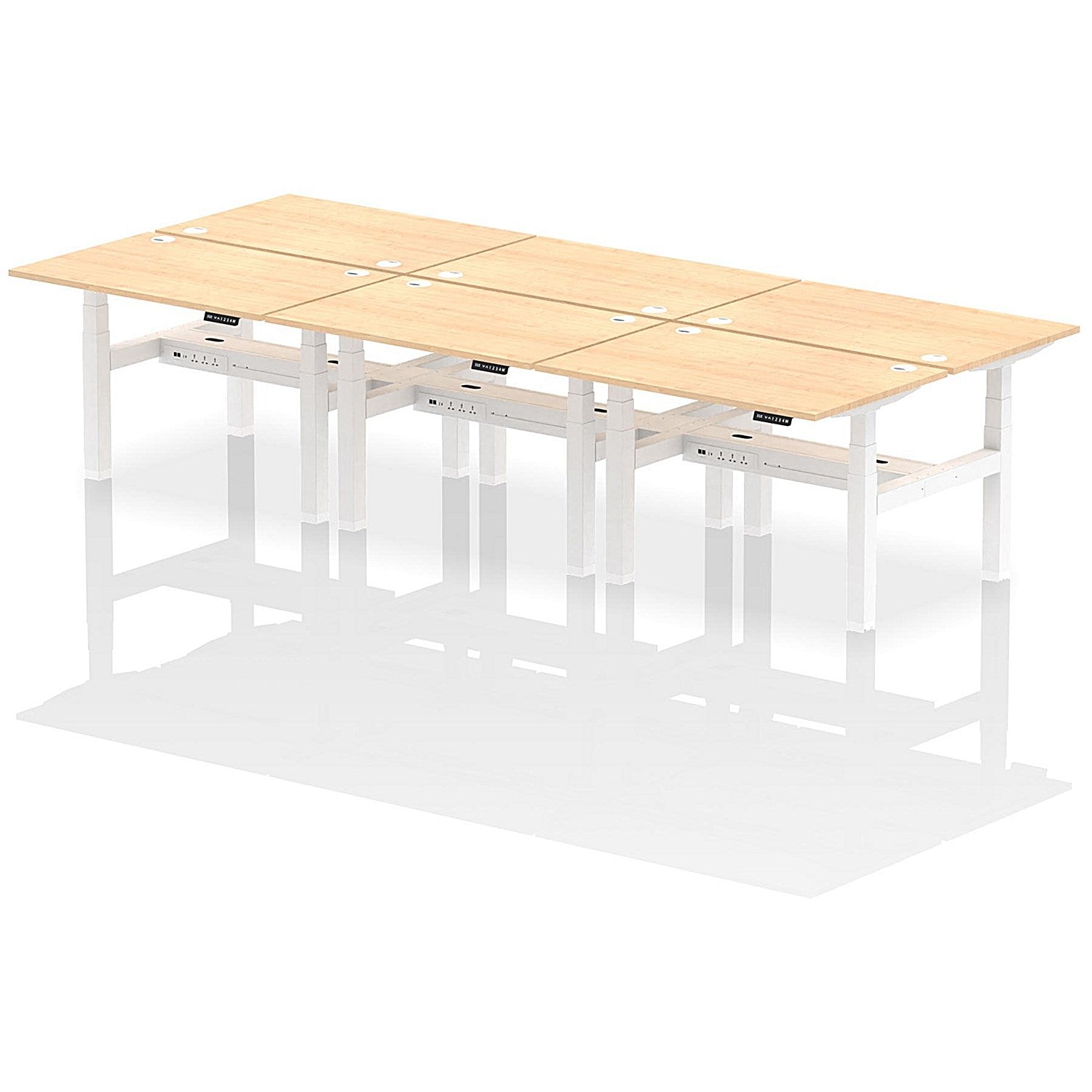 Air 6 Person Sit-Standing Bench Desk, Back to Back, 6 x 1200mm (800mm Deep), White Frame, Maple Easy2Order : HA01810