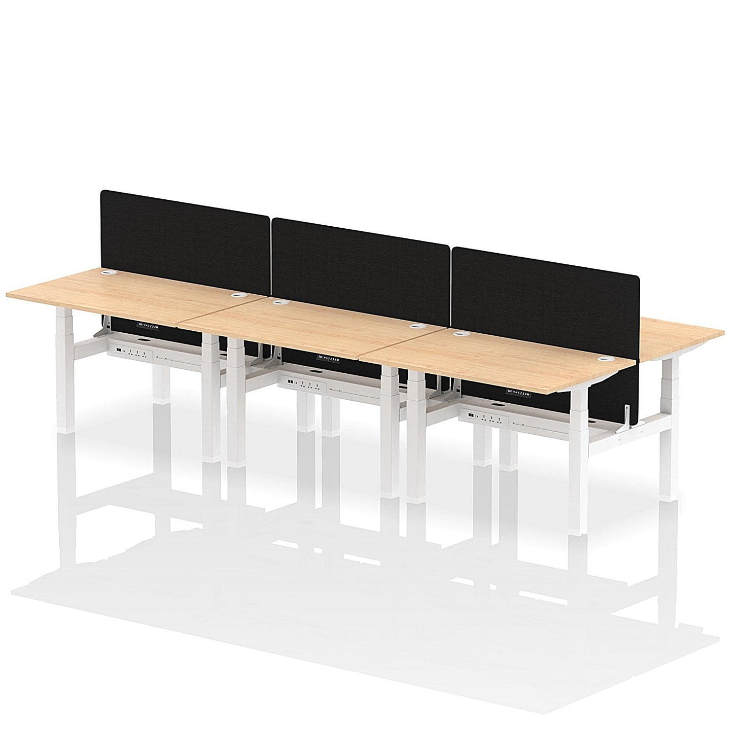 Air 6 Person Sit-Standing Bench Desk with Black Straight Screen, Back to Back, 6 x 1200mm (800mm Deep), White Frame, Maple Easy2Order : HA01811