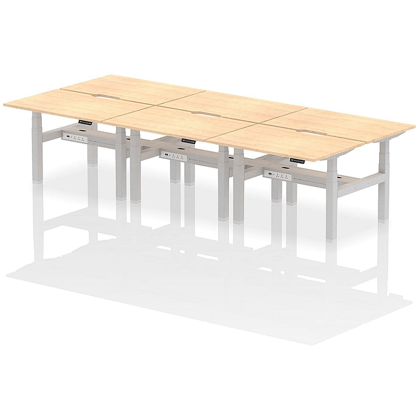 Air 6 Person Sit-Standing Scalloped Bench Desk, Back to Back, 6 x 1200mm (800mm Deep), Silver Frame, Maple Easy2Order : HA01814
