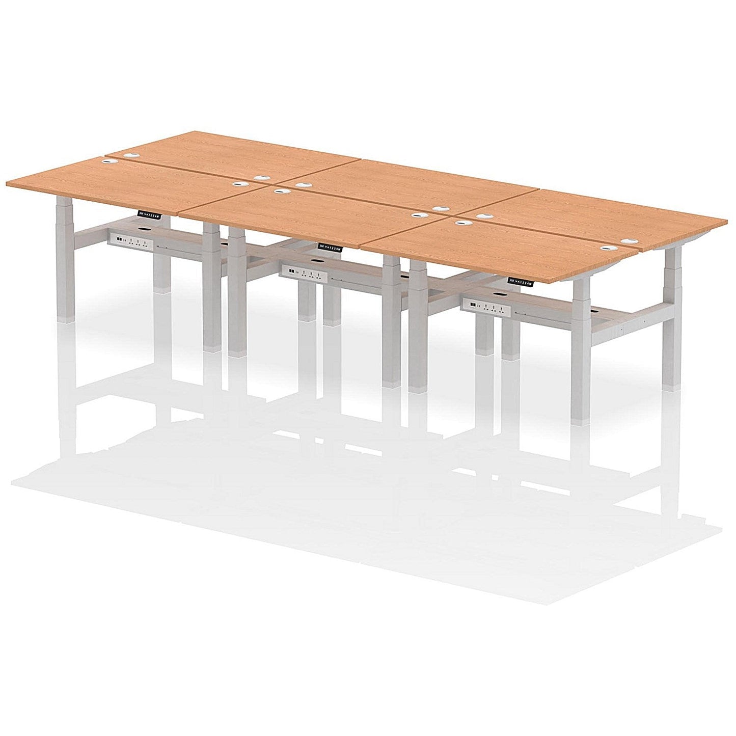 Air 6 Person Sit-Standing Bench Desk, Back to Back, 6 x 1200mm (800mm Deep), Silver Frame, Oak Easy2Order : HA01820