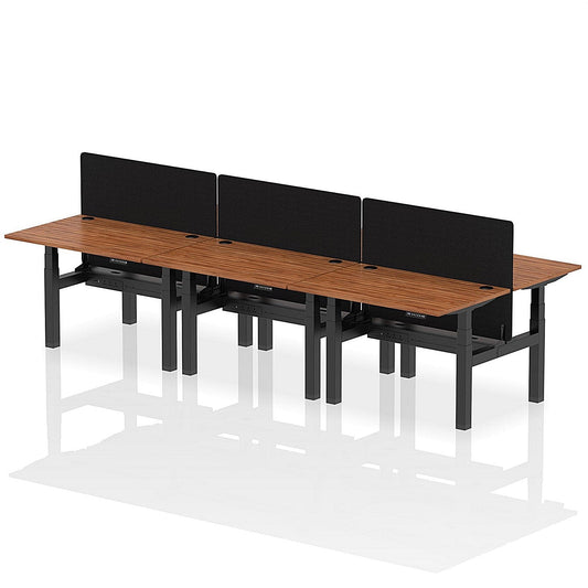 Air 6 Person Sit-Standing Bench Desk with Black Straight Screen, Back to Back, 6 x 1200mm (800mm Deep), Black Frame, Walnut Easy2Order : HA01831