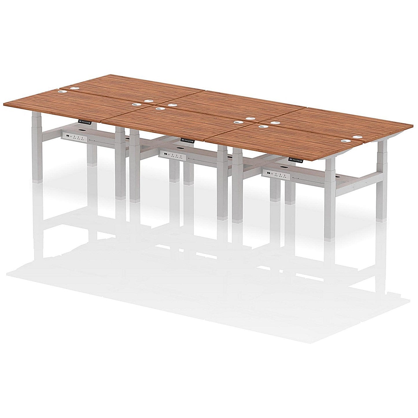Air 6 Person Sit-Standing Bench Desk, Back to Back, 6 x 1200mm (800mm Deep), Silver Frame, Walnut Easy2Order : HA01832