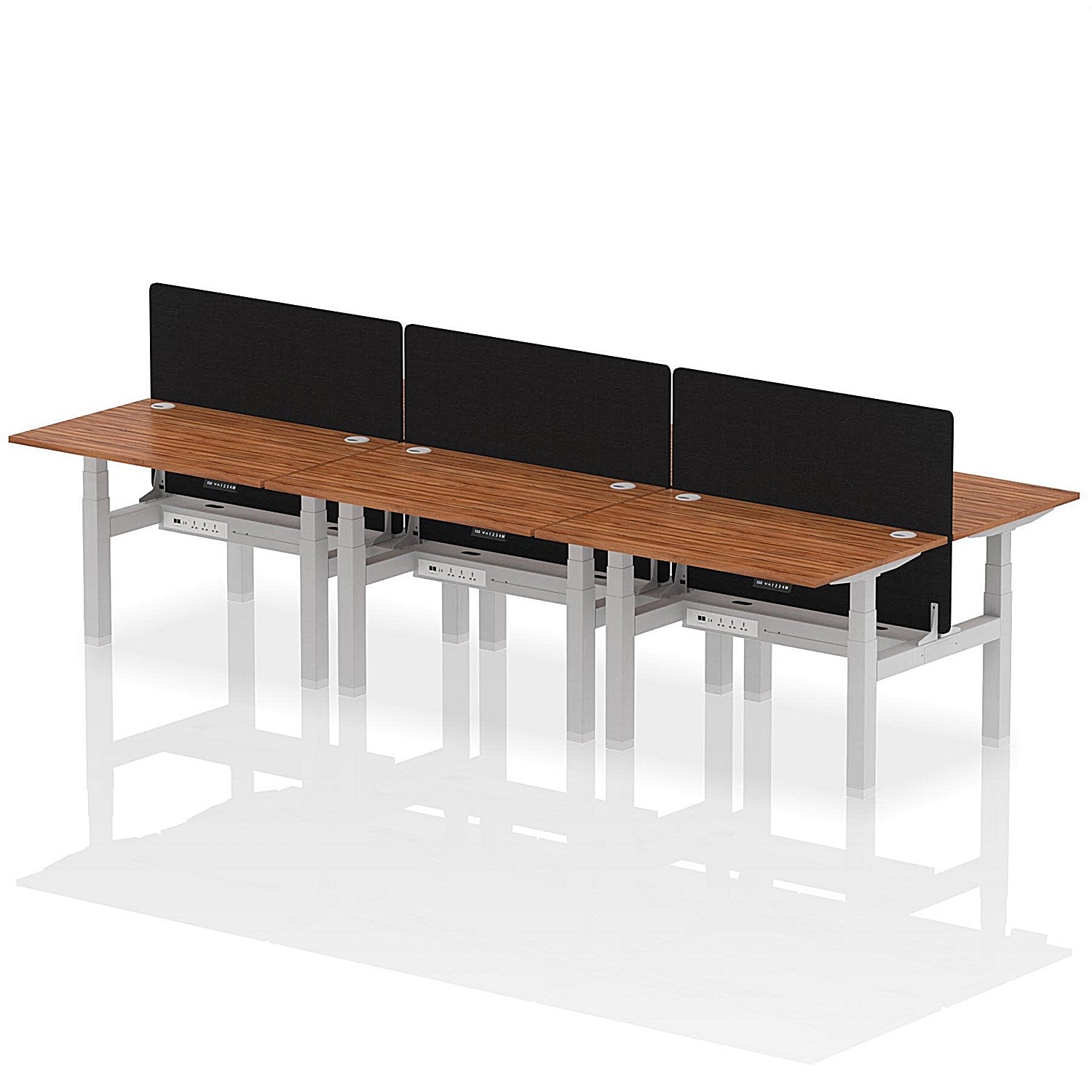 Air 6 Person Sit-Standing Bench Desk with Black Straight Screen, Back to Back, 6 x 1200mm (800mm Deep), Silver Frame, Walnut Easy2Order : HA01833