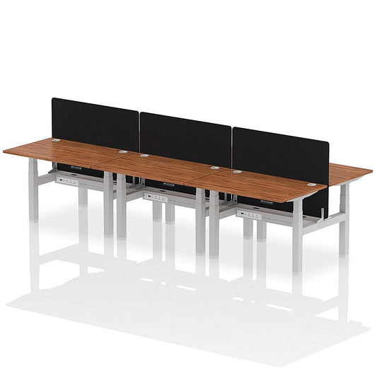 Air 6 Person Sit-Standing Bench Desk with Black Straight Screen, Back to Back, 6 x 1200mm (800mm Deep), Silver Frame, Walnut Easy2Order : HA01833