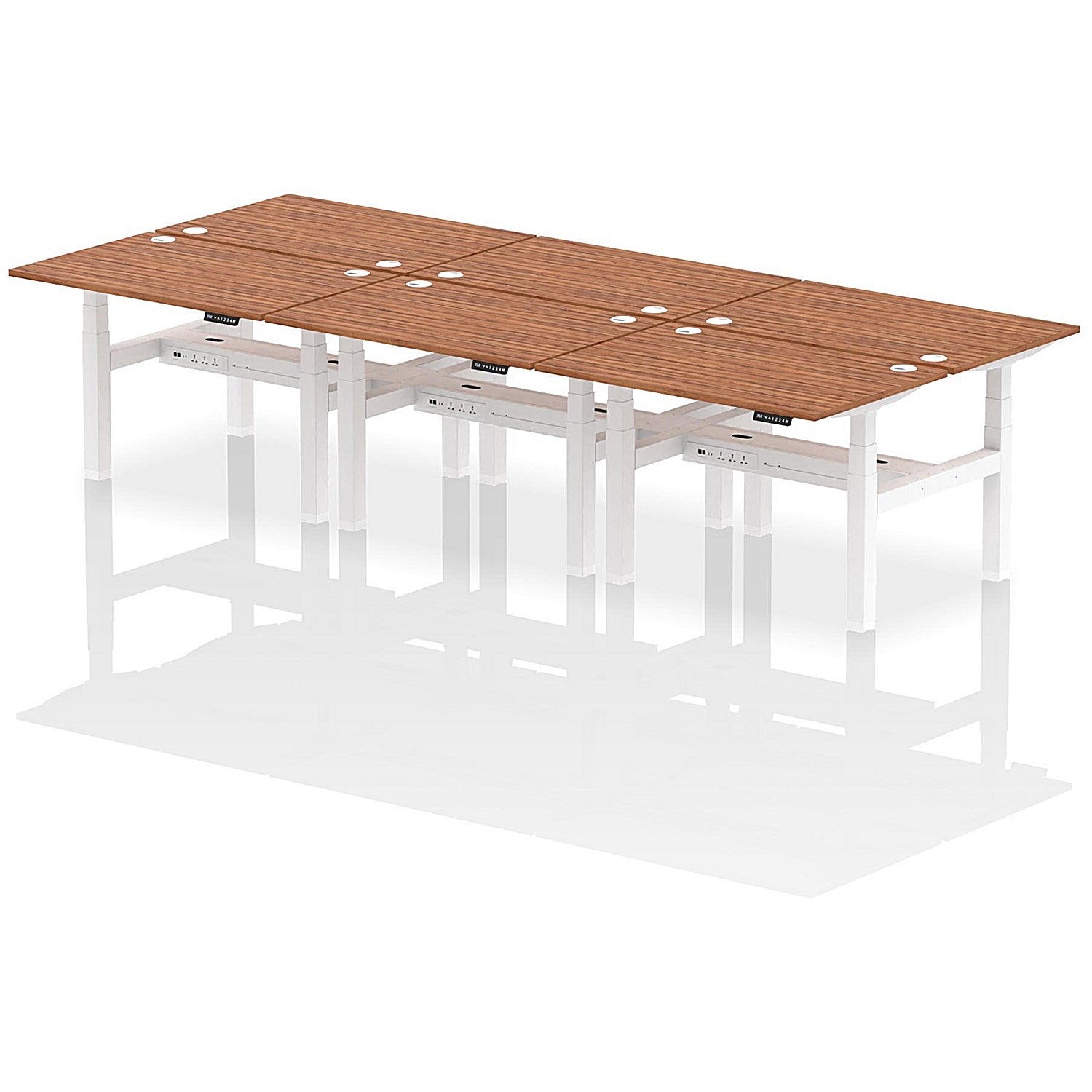 Air 6 Person Sit-Standing Bench Desk, Back to Back, 6 x 1200mm (800mm Deep), White Frame, Walnut Easy2Order : HA01834