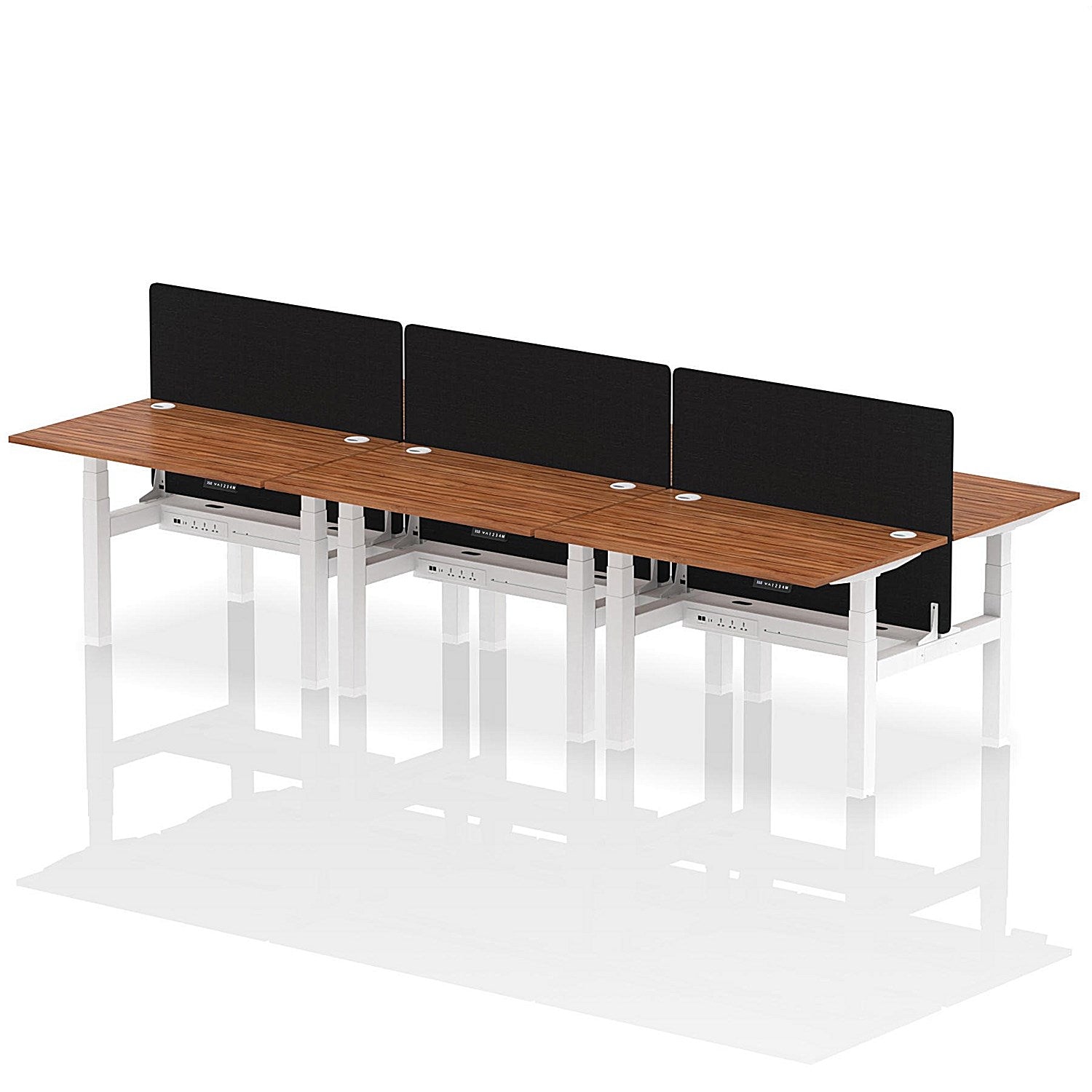 Air 6 Person Sit-Standing Bench Desk with Black Straight Screen, Back to Back, 6 x 1200mm (800mm Deep), White Frame, Walnut Easy2Order : HA01835