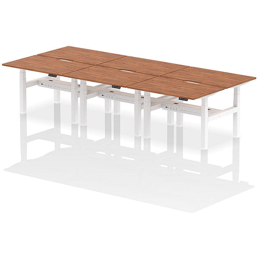 Air 6 Person Sit-Standing Scalloped Bench Desk, Back to Back, 6 x 1200mm (800mm Deep), White Frame, Walnut Easy2Order : HA01840