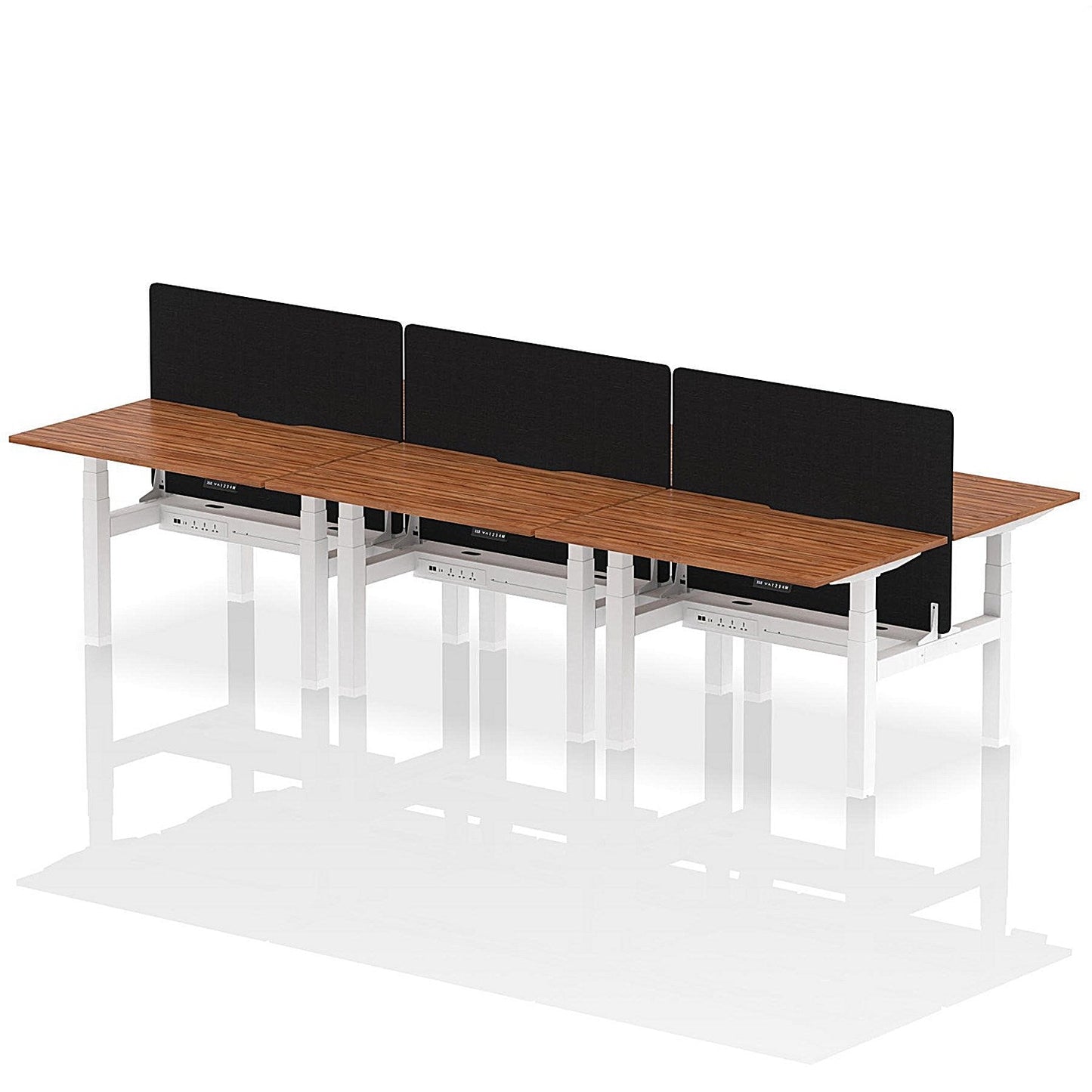 Air 6 Person Sit-Standing Scalloped Bench Desk with Black Straight Screen, Back to Back, 6 x 1200mm (800mm Deep), White Frame, Walnut Easy2Order : HA01841