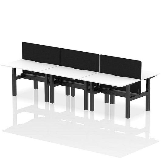 Air 6 Person Sit-Standing Scalloped Bench Desk with Black Straight Screen, Back to Back, 6 x 1200mm (800mm Deep), Black Frame, White Easy2Order : HA01849