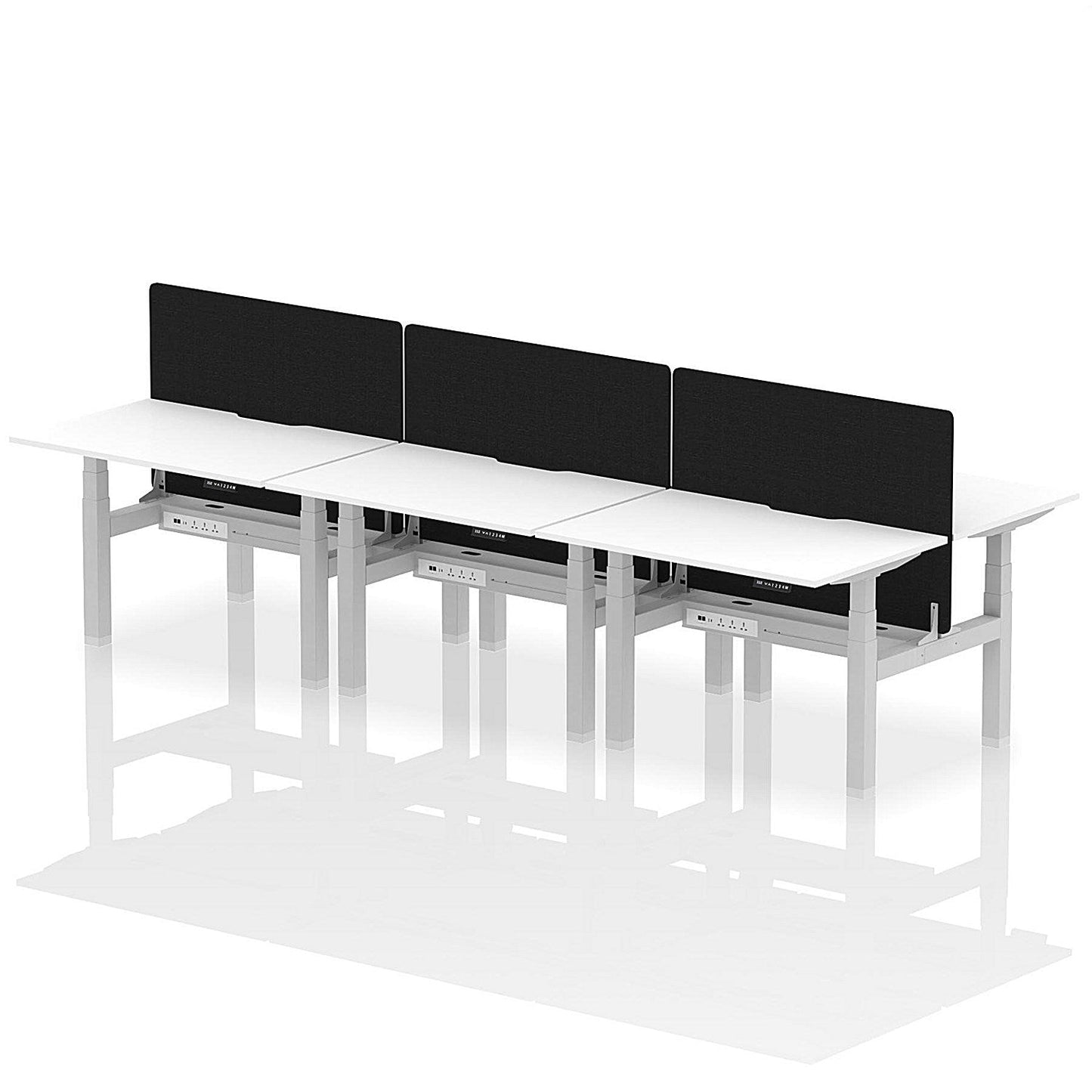Air 6 Person Sit-Standing Scalloped Bench Desk with Black Straight Screen, Back to Back, 6 x 1200mm (800mm Deep), Silver Frame, White Easy2Order : HA01851