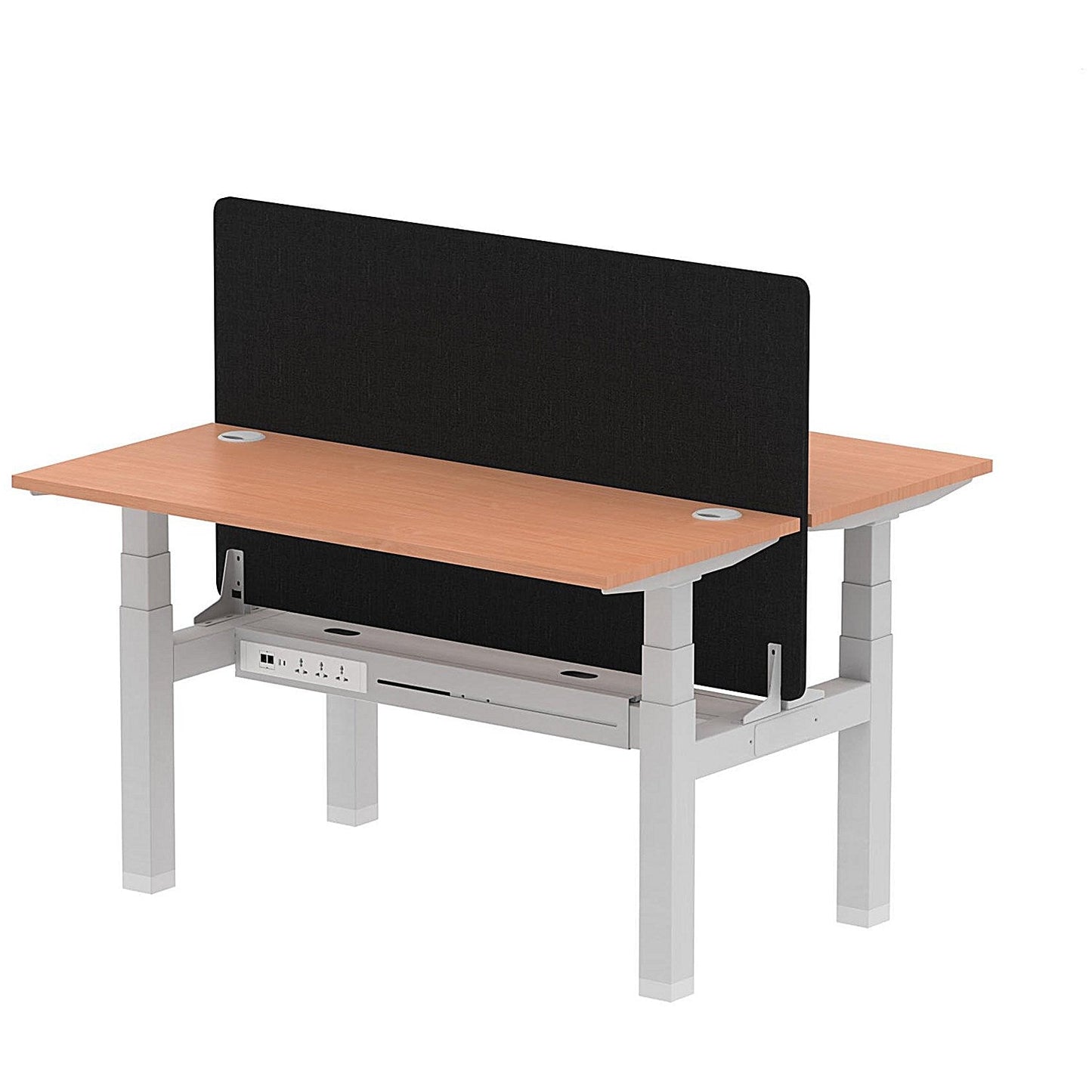 Air 2 Person Sit-Standing Bench Desk with Black Straight Screen, Back to Back, 2 x 1400mm (600mm Deep), Silver Frame, Beech Easy2Order : HA01857