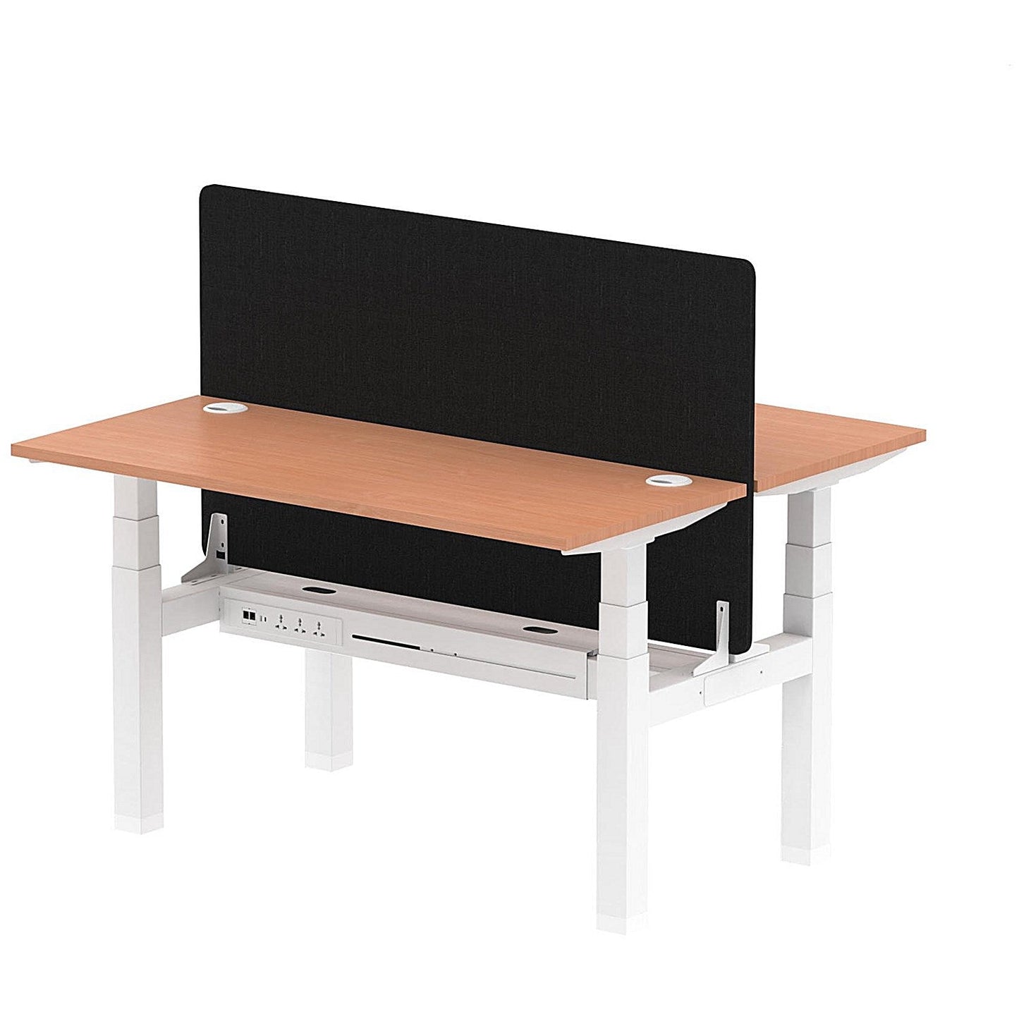 Air 2 Person Sit-Standing Bench Desk with Black Straight Screen, Back to Back, 2 x 1400mm (600mm Deep), White Frame, Beech Easy2Order : HA01859