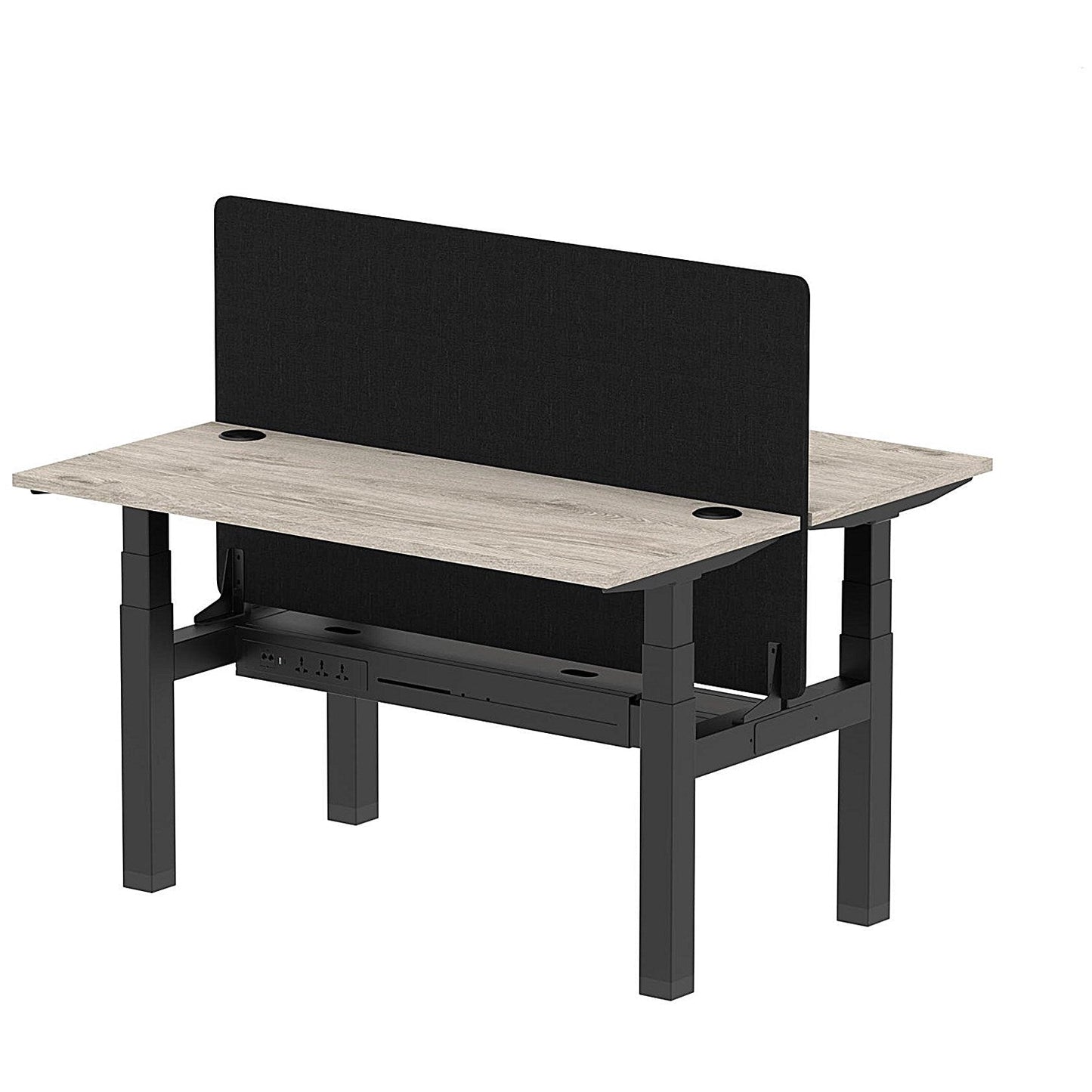 Air 2 Person Sit-Standing Bench Desk with Black Straight Screen, Back to Back, 2 x 1400mm (600mm Deep), Black Frame, Grey Oak Easy2Order : HA01861